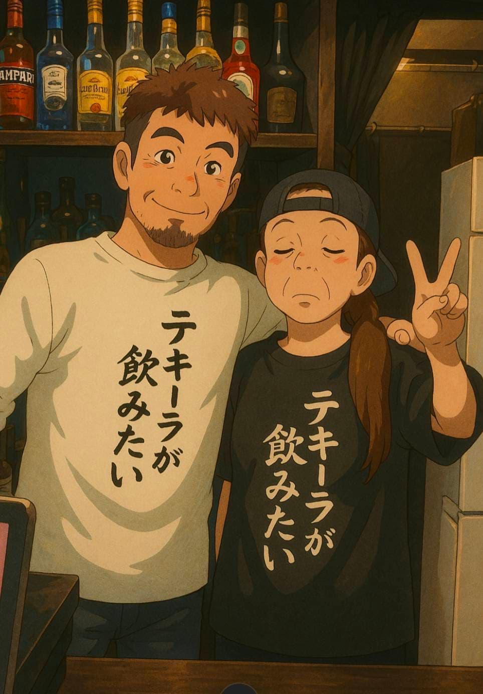 「テキーラが飲みたい」Tシャツを着たスタッフ2人のイラスト